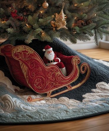 Ruby Sleigh In Snowbank Christmas Tree Skirt — Custom Made Festive Accent, Rich Red Sleigh Detail On Plush White Skirt