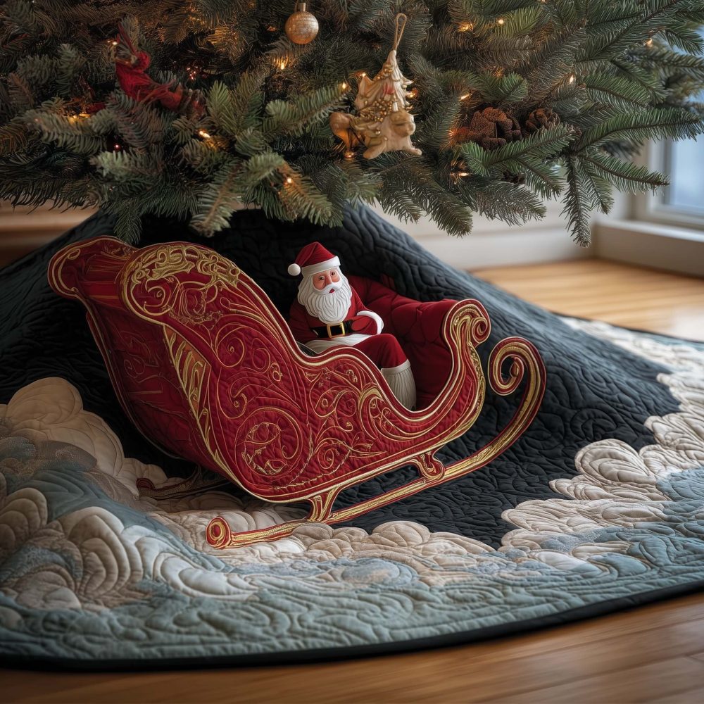 Ruby Sleigh In Snowbank Christmas Tree Skirt — Custom Made Festive Accent, Rich Red Sleigh Detail On Plush White Skirt