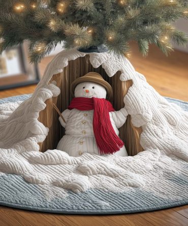 Snowy Snowman Tree Skirt - Handcrafted Winter Snowman Christmas Tree Skirt With Snowy Scene, Personalized Options