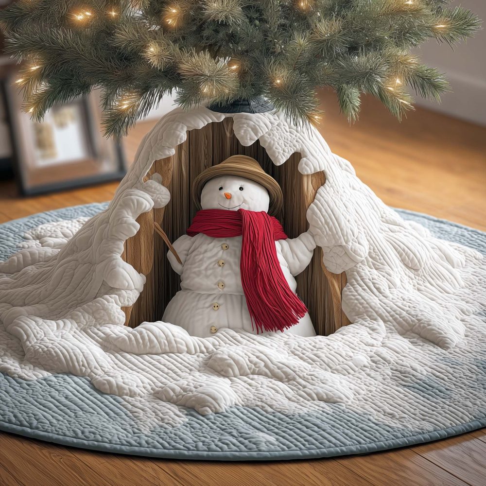 Snowy Snowman Tree Skirt - Handcrafted Winter Snowman Christmas Tree Skirt With Snowy Scene, Personalized Options
