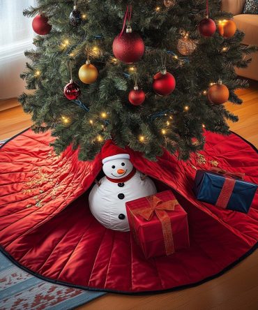 Gift Snowman Tree Skirt - Handcrafted Christmas Tree Skirt With Snowman & Presents Design, Personalized Holiday Gift