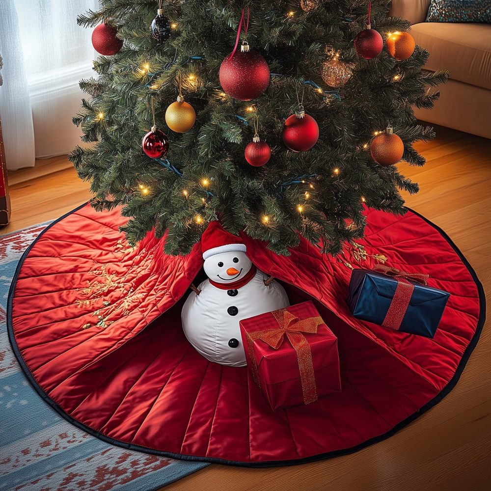 Gift Snowman Tree Skirt - Handcrafted Christmas Tree Skirt With Snowman & Presents Design, Personalized Holiday Gift
