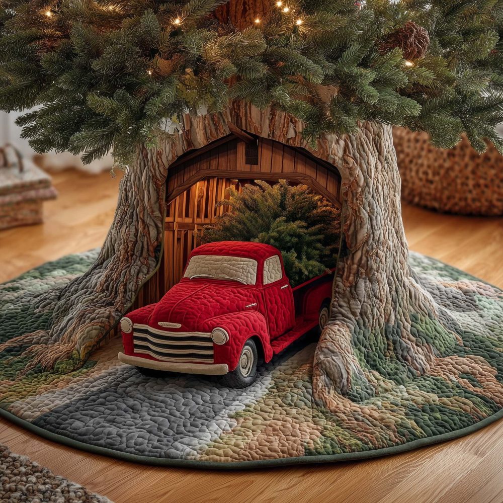 Garage Truck Holiday Tree Skirt - Custom Made-To-Order Christmas Tree Skirt For Auto Lovers, Rustic Garage Décor