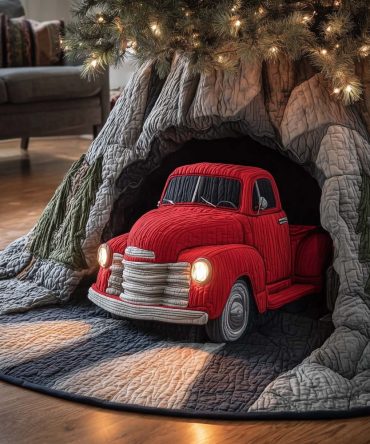 Cave Truck Holiday Tree Skirt - Custom Made-To-Order Christmas Tree Skirt With Rustic Truck Scene For Cozy Homes