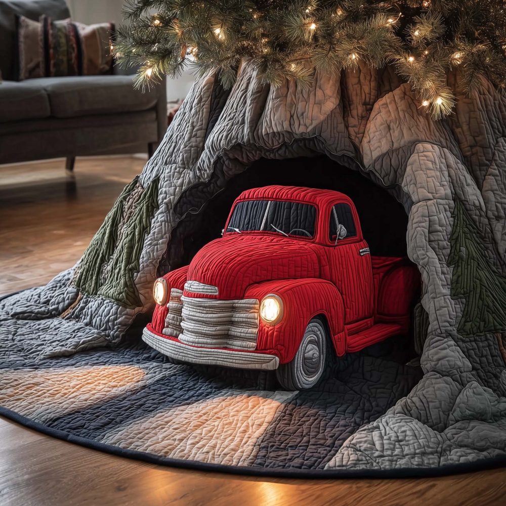 Cave Truck Holiday Tree Skirt - Custom Made-To-Order Christmas Tree Skirt With Rustic Truck Scene For Cozy Homes