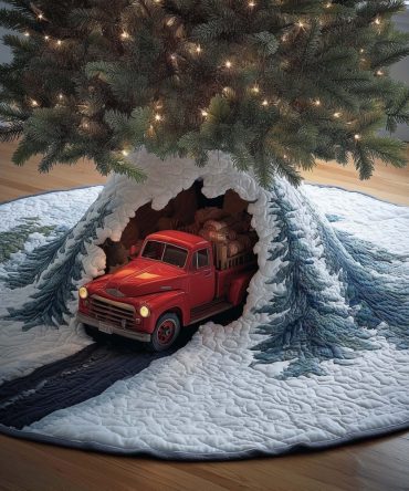 Classic Red Truck Snowy Road Tree Skirt - Custom Vintage Truck Christmas Tree Skirt, Rustic Holiday Home Décor, Handmade To Order