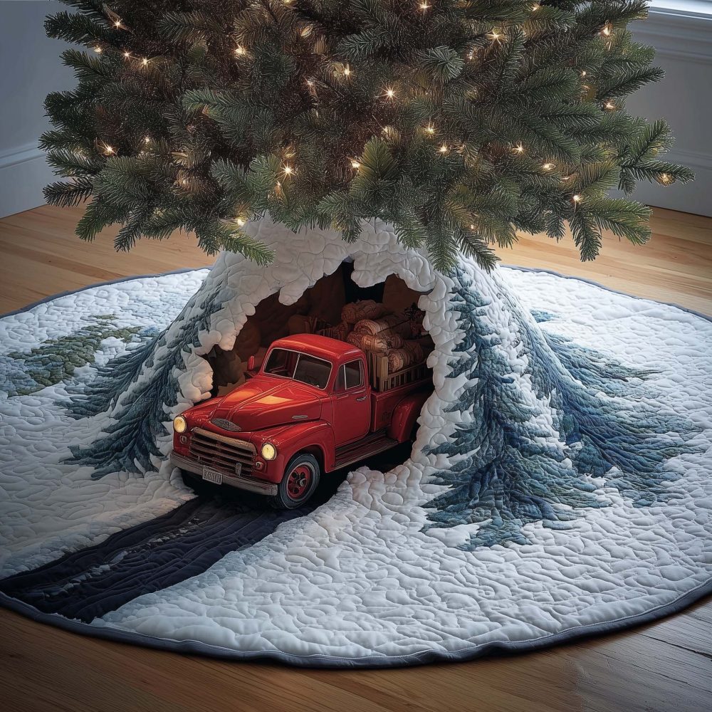 Classic Red Truck Snowy Road Tree Skirt - Custom Vintage Truck Christmas Tree Skirt, Rustic Holiday Home Décor, Handmade To Order