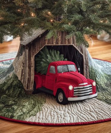 Vintage Barn Truck Holiday Tree Skirt - Custom Made-To-Order Rustic Christmas Tree Skirt For Farmhouse Homes