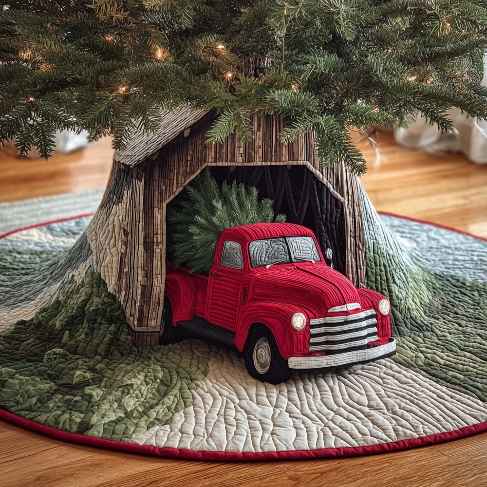 Vintage Barn Truck Holiday Tree Skirt - Custom Made-To-Order Rustic Christmas Tree Skirt For Farmhouse Homes