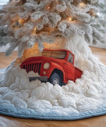 Rustic Red Pickup In Winter Snow Tree Skirt - Custom Christmas Tree Skirt, Cabin Lodge Holiday Décor With Vintage Truck Motif