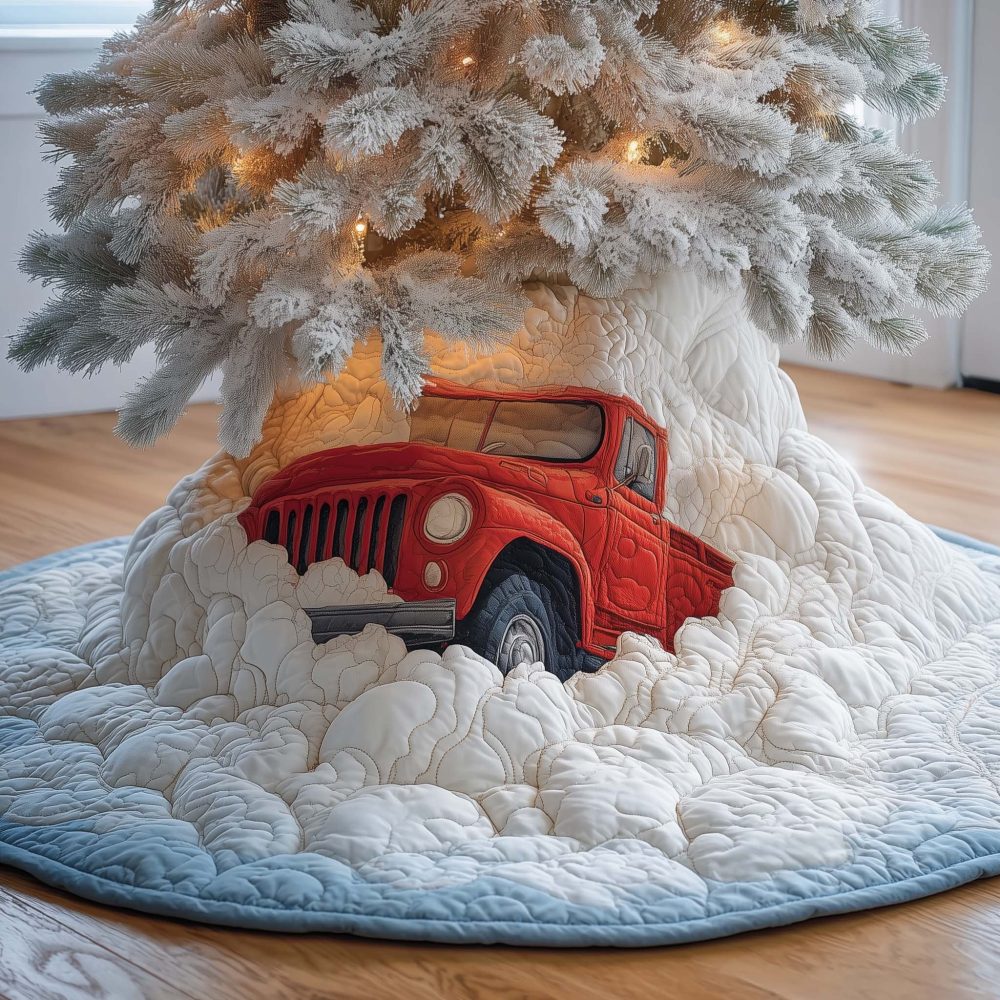 Rustic Red Pickup In Winter Snow Tree Skirt - Custom Christmas Tree Skirt, Cabin Lodge Holiday Décor With Vintage Truck Motif
