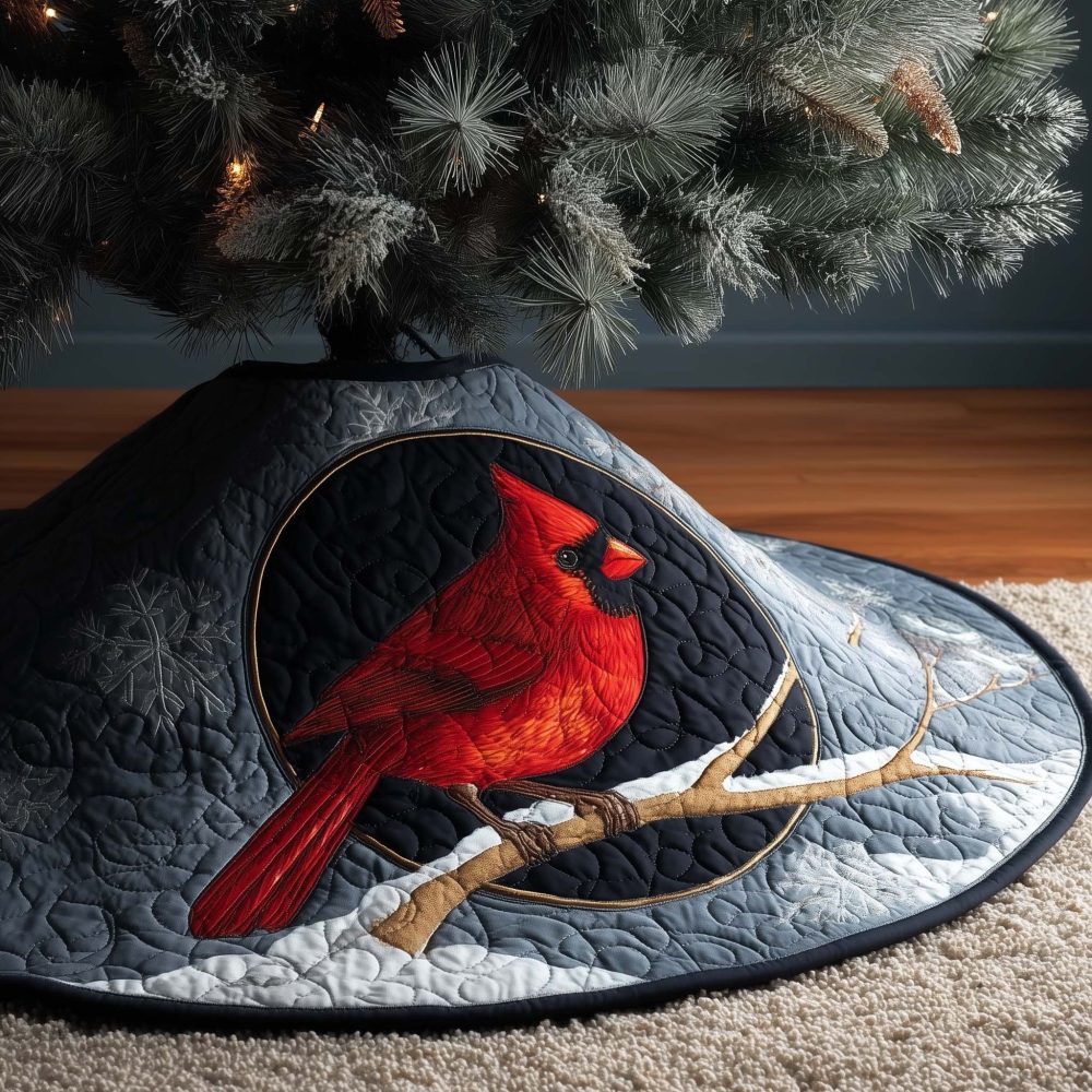 Midnight Cardinal Premium Tree Skirt - Luxury Made-To-Order Christmas Tree Skirt For Elegant Holiday Decorations