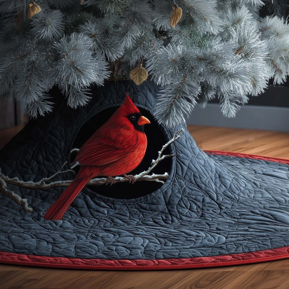 Elegant Dark Cardinal Holiday Tree Skirt - Custom Made-To-Order Christmas Tree Skirt For Modern Rustic Decor