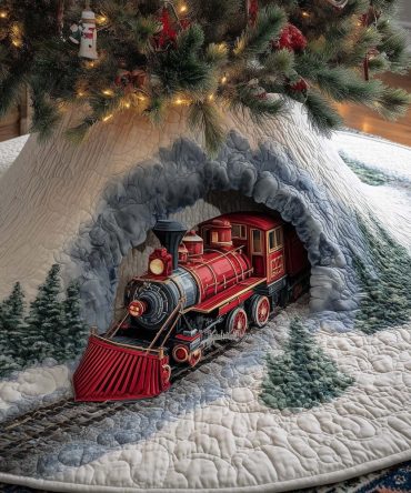 Holiday Red Train Snow Tunnel Tree Skirt - Custom Christmas Skirt With Festive Train Scene, Handmade Seasonal Decor For Mantel & Floor