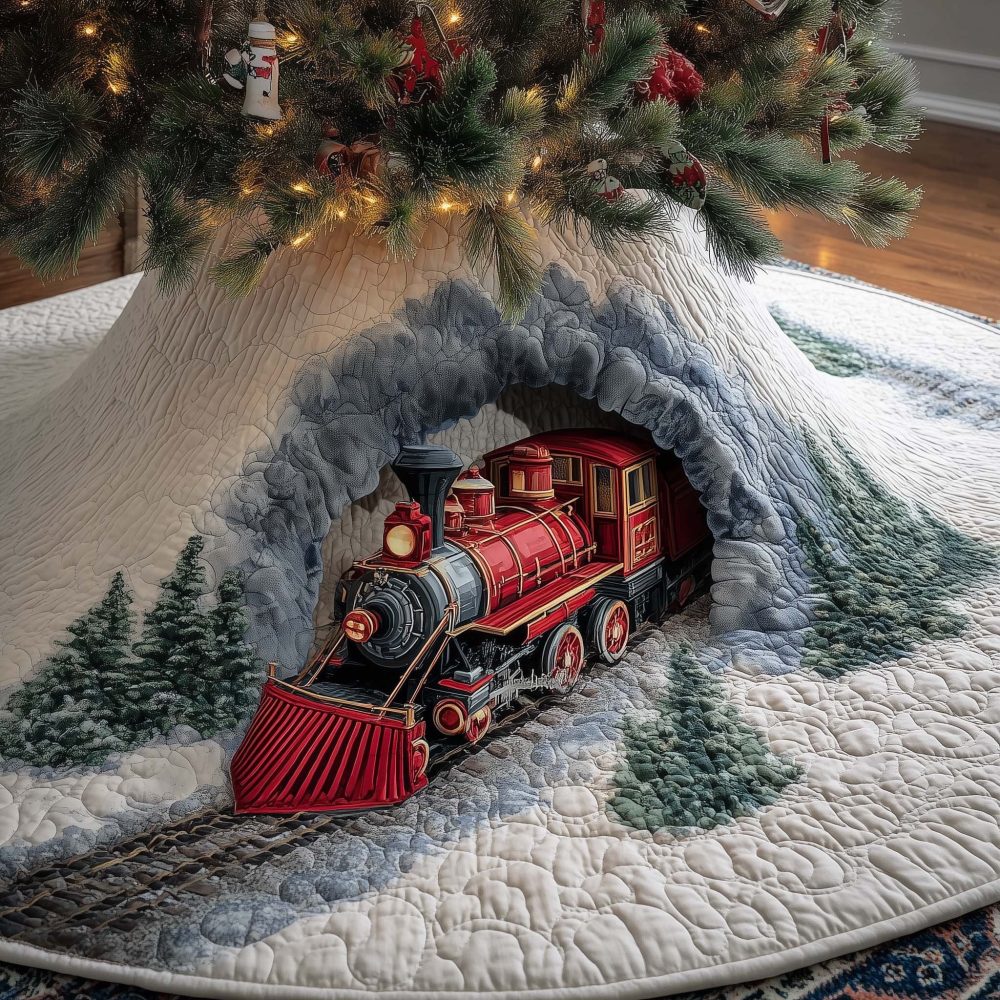 Holiday Red Train Snow Tunnel Tree Skirt - Custom Christmas Skirt With Festive Train Scene, Handmade Seasonal Decor For Mantel & Floor