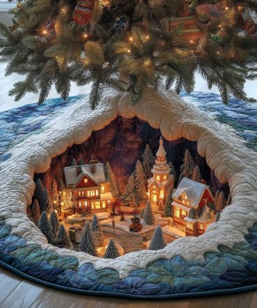 Handcrafted Village Cave Holiday Tree Skirt - Custom Made-To-Order Christmas Tree Skirt For Cozy Seasonal Decor