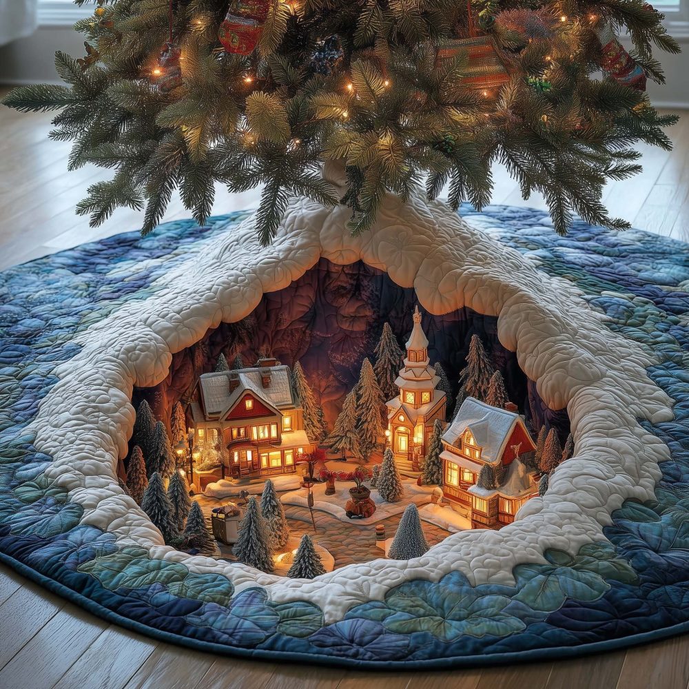 Handcrafted Village Cave Holiday Tree Skirt - Custom Made-To-Order Christmas Tree Skirt For Cozy Seasonal Decor