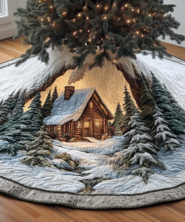 Lake Cabin Rustic Christmas Tree Skirt — Handmade Cozy Tree Skirt With Cabin Scene, Custom Sizes & Made-To-Order Options