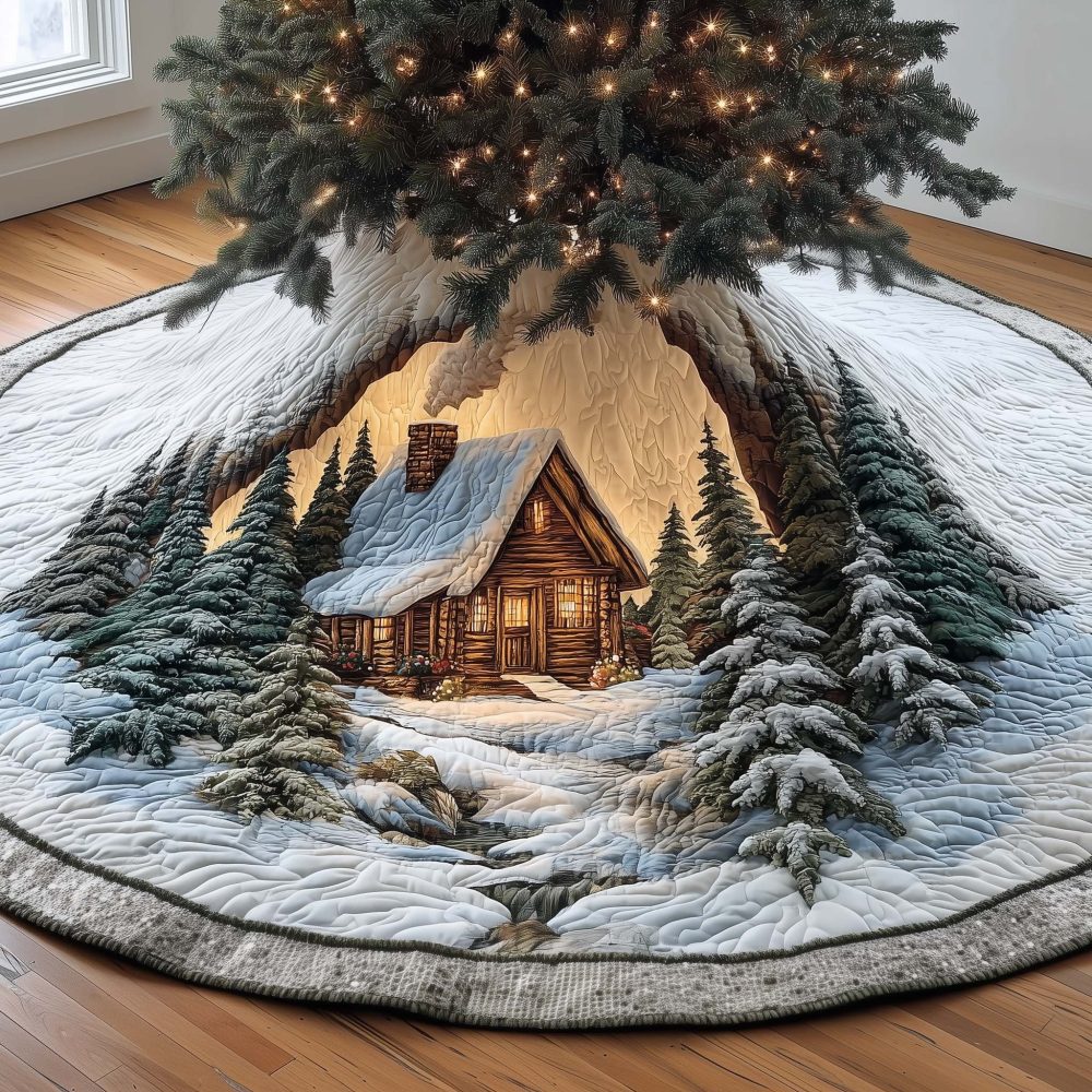 Lake Cabin Rustic Christmas Tree Skirt — Handmade Cozy Tree Skirt With Cabin Scene, Custom Sizes & Made-To-Order Options
