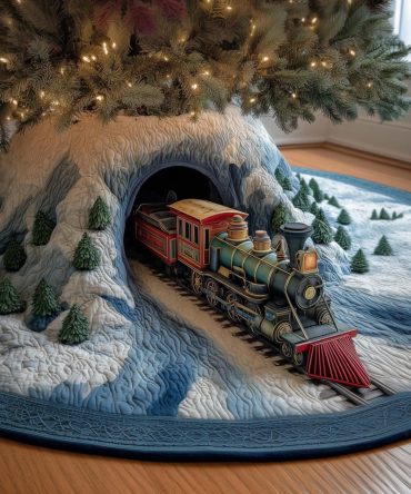 Rocky Mountain Train Holiday Tree Skirt — Rugged Handmade Christmas Skirt With Mountain Train Scene, Custom Made-To-Order