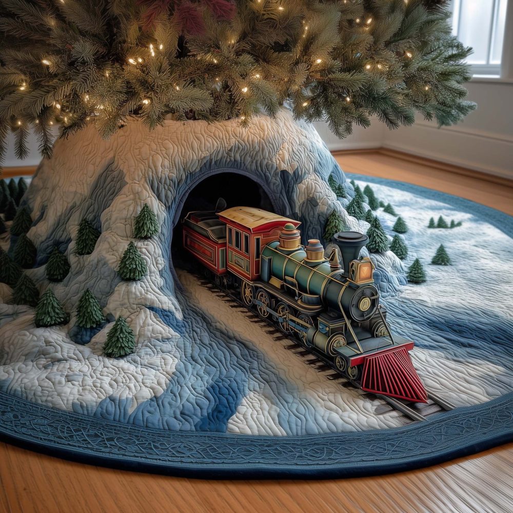 Rocky Mountain Train Holiday Tree Skirt — Rugged Handmade Christmas Skirt With Mountain Train Scene, Custom Made-To-Order