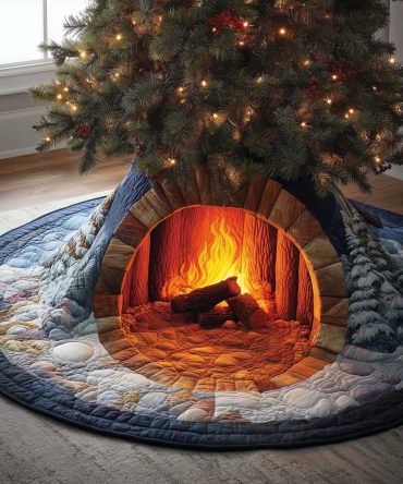 Winter Hearth Cozy Tree Skirt — Handmade Christmas Tree Skirt With Fireplace & Hearth Scene, Custom-Made And Made-To-Order