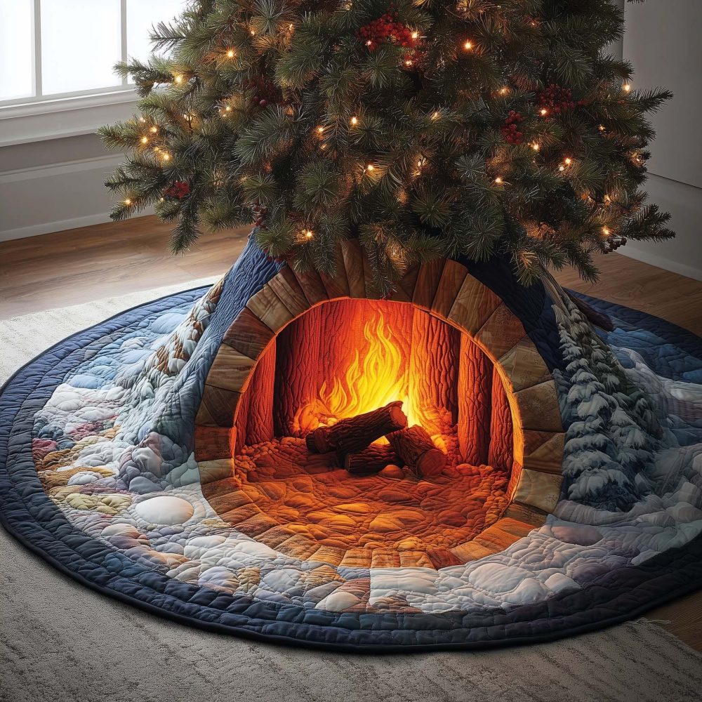 Winter Hearth Cozy Tree Skirt — Handmade Christmas Tree Skirt With Fireplace & Hearth Scene, Custom-Made And Made-To-Order