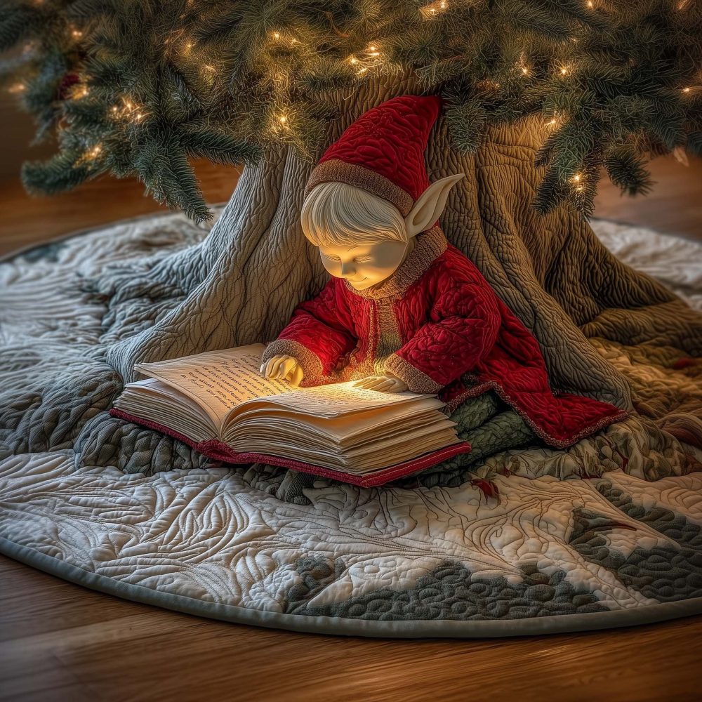 Reading Elf Storytime Tree Skirt — Handmade Christmas Skirt Featuring Reading Elf Illustration, Custom Sizes, Made-To-Order