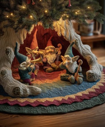 Elves Band Musical Tree Skirt — Handmade Christmas Tree Skirt With Playful Elves Orchestra Design, Custom & Made-To-Order
