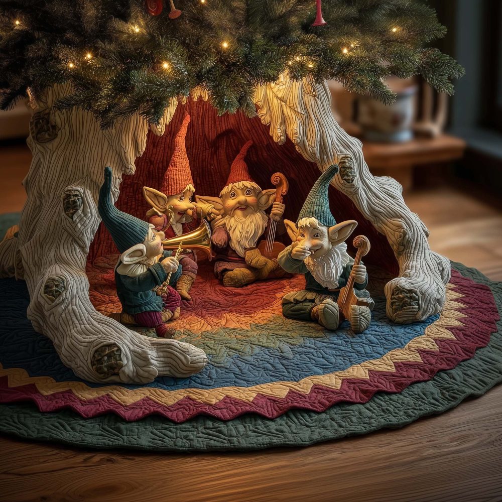 Elves Band Musical Tree Skirt — Handmade Christmas Tree Skirt With Playful Elves Orchestra Design, Custom & Made-To-Order