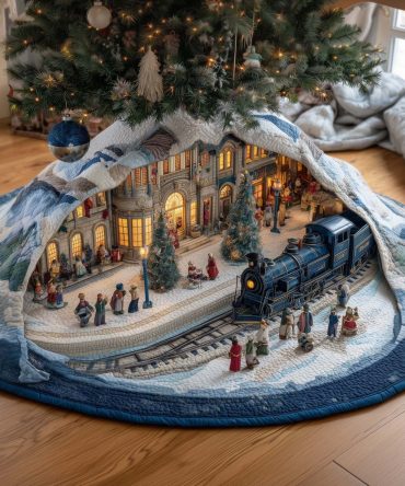 Town Express Vintage Train Tree Skirt — Made-To-Order Holiday Skirt With Charming Town Train Scene, Handmade & Customizable