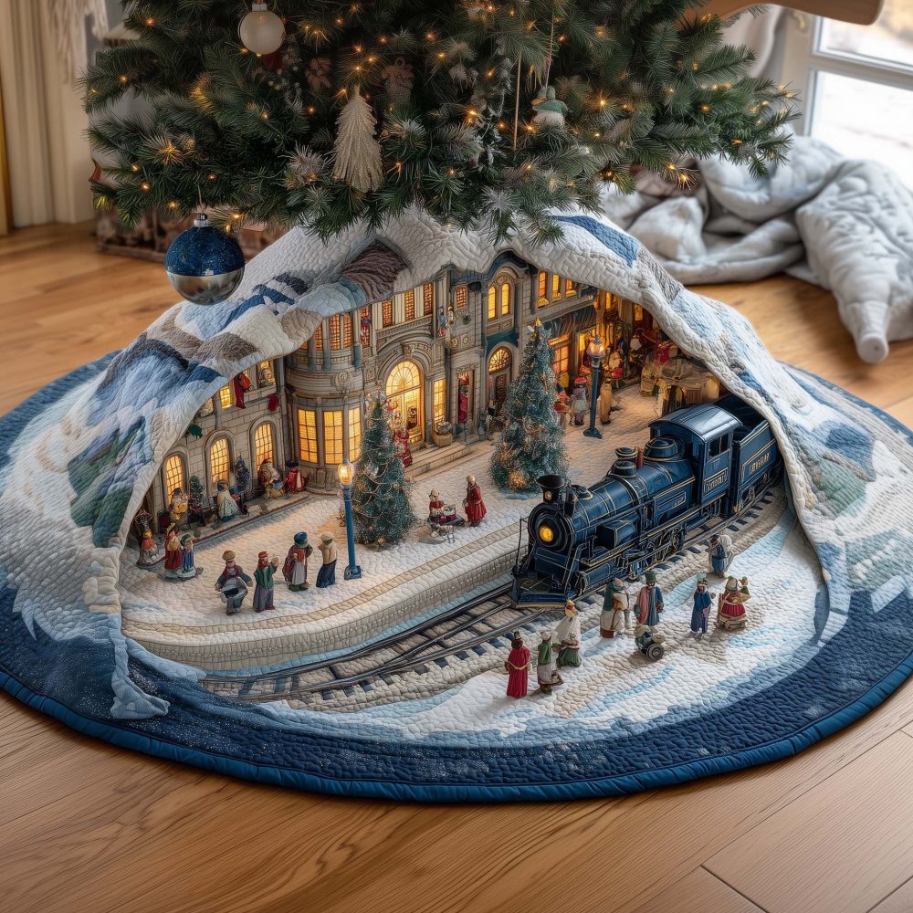 Town Express Vintage Train Tree Skirt — Made-To-Order Holiday Skirt With Charming Town Train Scene, Handmade & Customizable