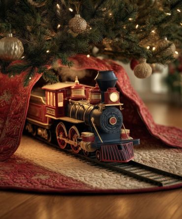 Red Express Classic Train Tree Skirt — Bold Handmade Christmas Tree Skirt With Red Locomotive Motif, Custom Made-To-Order Options