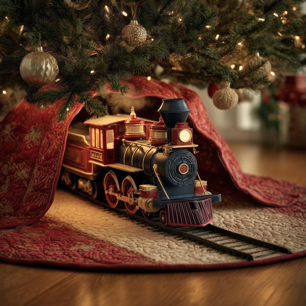 Red Express Classic Train Tree Skirt — Bold Handmade Christmas Tree Skirt With Red Locomotive Motif, Custom Made-To-Order Options