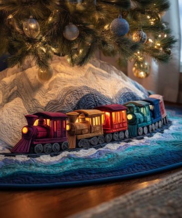 Colorful Toy Train Christmas Skirt — Bright Handmade Holiday Tree Skirt Featuring Multicolor Train, Custom Sizes Made-To-Order