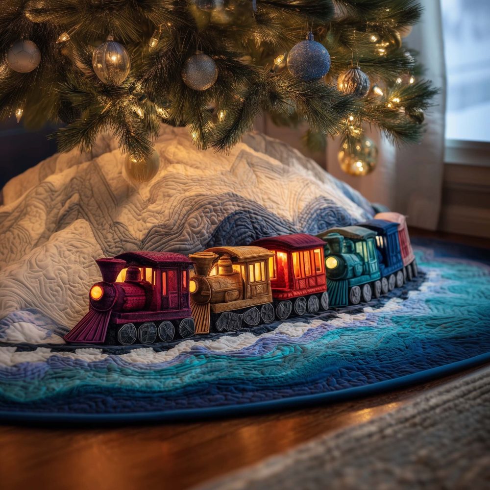 Colorful Toy Train Christmas Skirt — Bright Handmade Holiday Tree Skirt Featuring Multicolor Train, Custom Sizes Made-To-Order