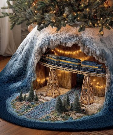 Vintage Train In Ice Cave Tree Skirt - Custom Scenic Christmas Tree Skirt, Detailed Trestle Holiday Design For Collectors & Kids