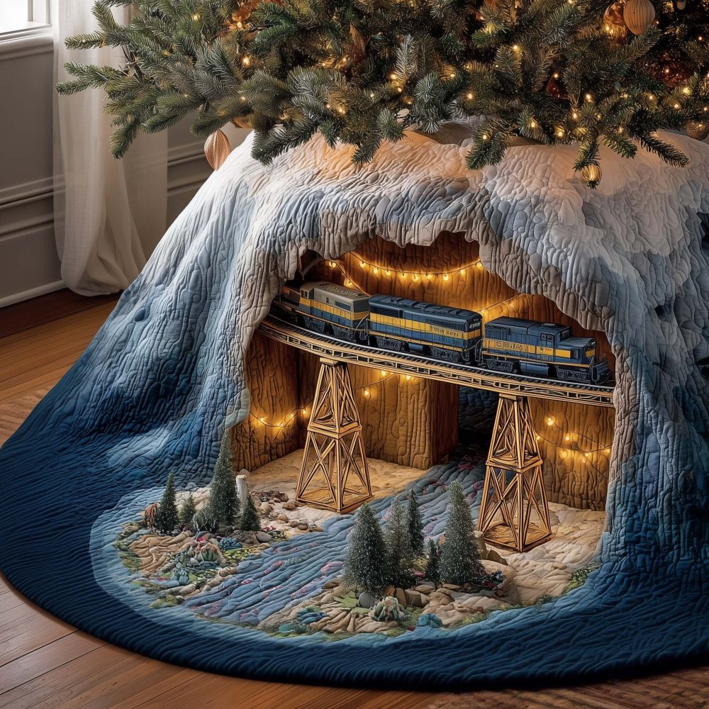 Vintage Train In Ice Cave Tree Skirt - Custom Scenic Christmas Tree Skirt, Detailed Trestle Holiday Design For Collectors & Kids