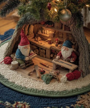 Workshop Gnomes Artisan Tree Skirt — Handcrafted Christmas Tree Skirt With Playful Gnome Workshop Scene, Made-To-Order