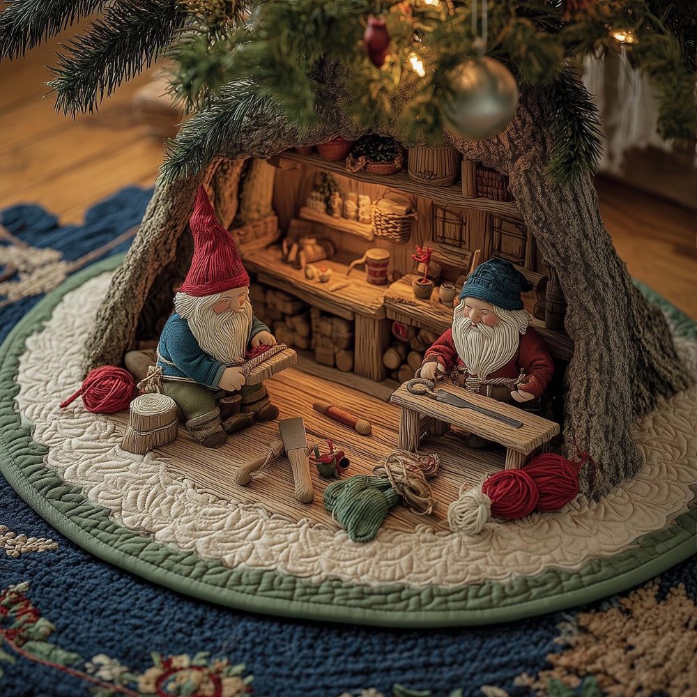 Workshop Gnomes Artisan Tree Skirt — Handcrafted Christmas Tree Skirt With Playful Gnome Workshop Scene, Made-To-Order