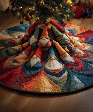 Spiral Gnomes Festive Tree Skirt — Whimsical Handmade Christmas Tree Skirt With Gnome Motifs, Custom Sizes, Made-To-Order
