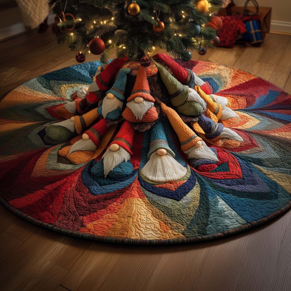 Spiral Gnomes Festive Tree Skirt — Whimsical Handmade Christmas Tree Skirt With Gnome Motifs, Custom Sizes, Made-To-Order