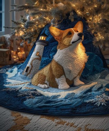 Lighthouse Corgi Holiday Tree Skirt — Custom Coastal Christmas Tree Skirt, Handmade Nautical Style, Made-To-Order