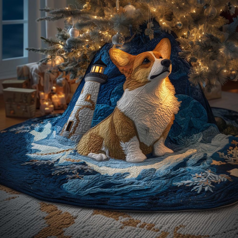 Lighthouse Corgi Holiday Tree Skirt — Custom Coastal Christmas Tree Skirt, Handmade Nautical Style, Made-To-Order