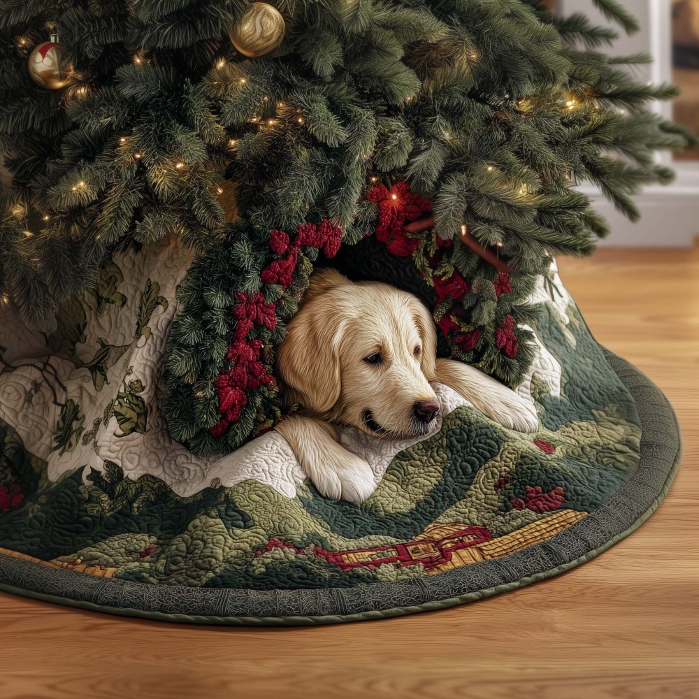 Golden Hiding Dog Christmas Tree Skirt — Elegant Made-To-Order Holiday Skirt With Hidden Pet Motif, Custom Sizes Available
