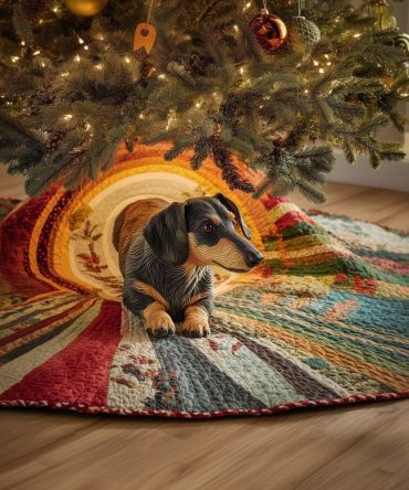 Vibrant Rainbow Tunnel Dachshund Holiday Tree Skirt — Custom Handmade Christmas Tree Skirt In Plush Fabric, Made-To-Order