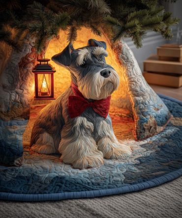 Red Bow Schnauzer Christmas Tree Skirt — Festive Schnauzer Holiday Skirt With Red Bow Accent, Handmade Custom Fit For Pet Fans