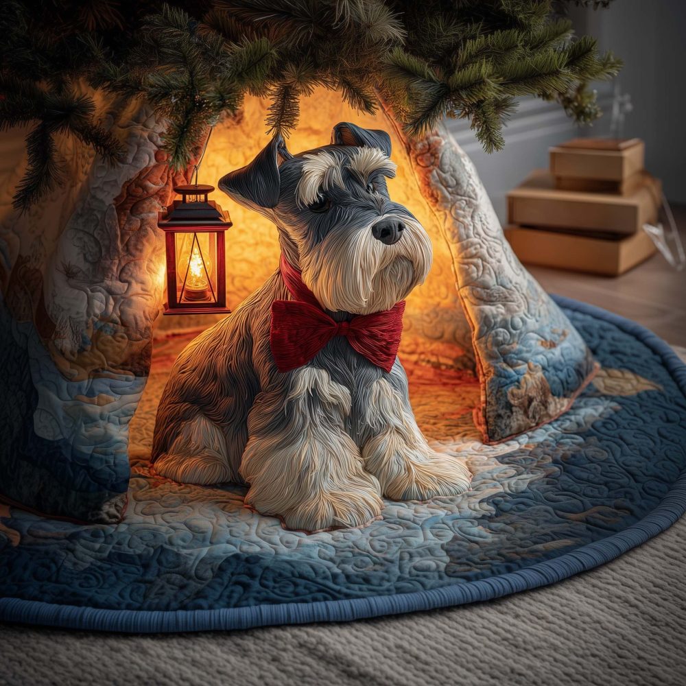 Red Bow Schnauzer Christmas Tree Skirt — Festive Schnauzer Holiday Skirt With Red Bow Accent, Handmade Custom Fit For Pet Fans