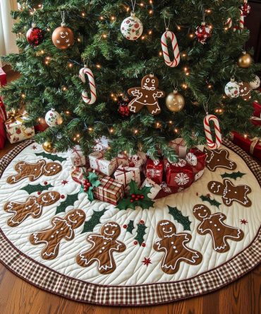 White Holly & Gingerbread Men Tree Skirt — Custom Made Holiday Skirt, Charming Handcrafted Motif, Soft Machine-Washable Option