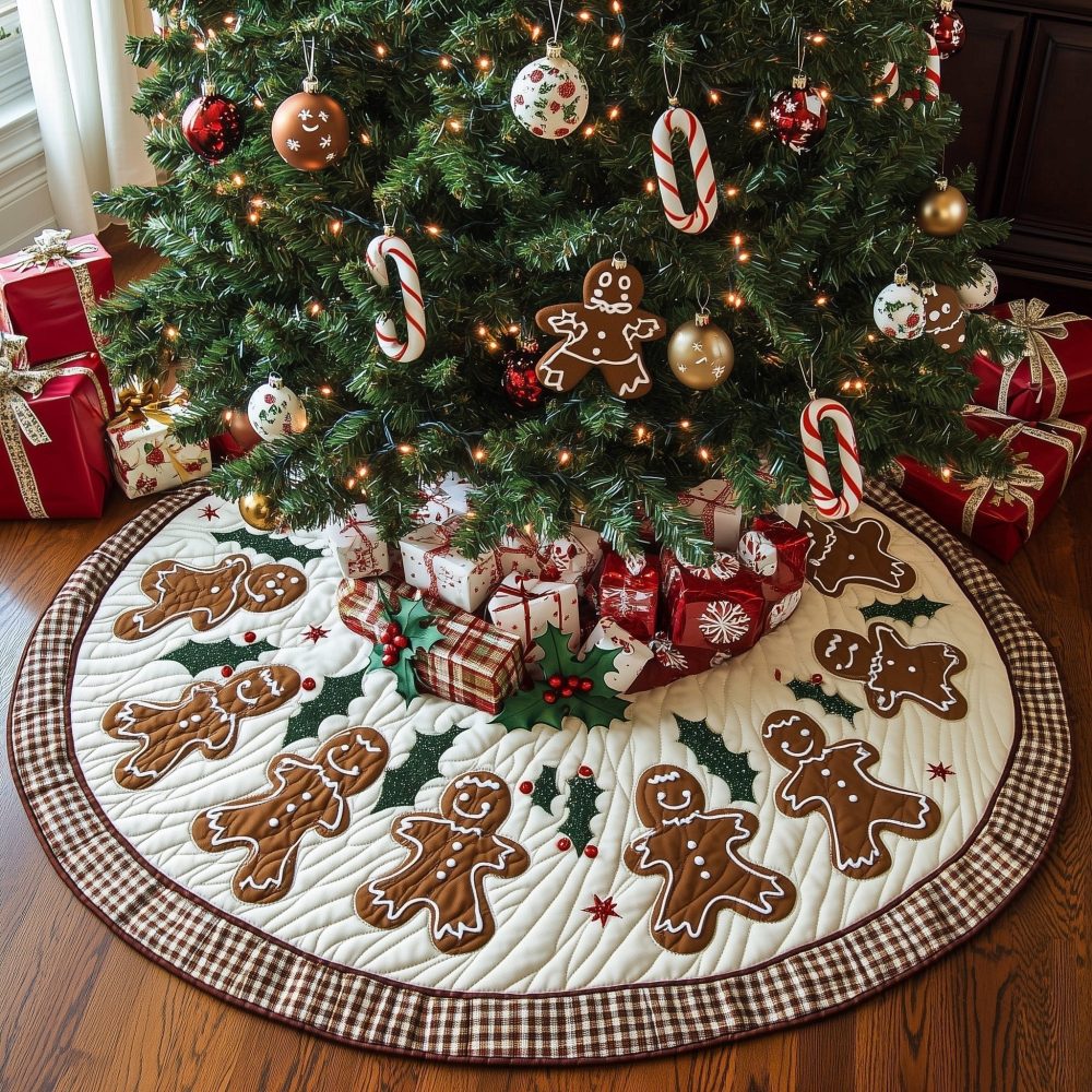 White Holly & Gingerbread Men Tree Skirt — Custom Made Holiday Skirt, Charming Handcrafted Motif, Soft Machine-Washable Option